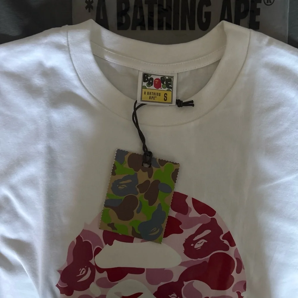 Bape White Short Sleeve Tee with Pink & Red Camo Ape Head - Picture 3 of 3